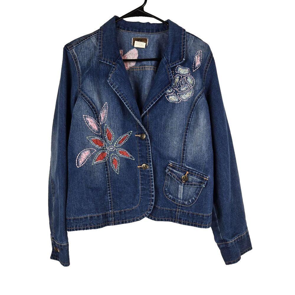 Nancy Bolen‎ Women's Size Medium Button Up Denim Jacket Patchwork Design
